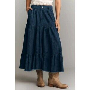Anthropologie Pilcro Cotton Denim Tiered Midi Skirt Smocked Cotton Boho L 289188